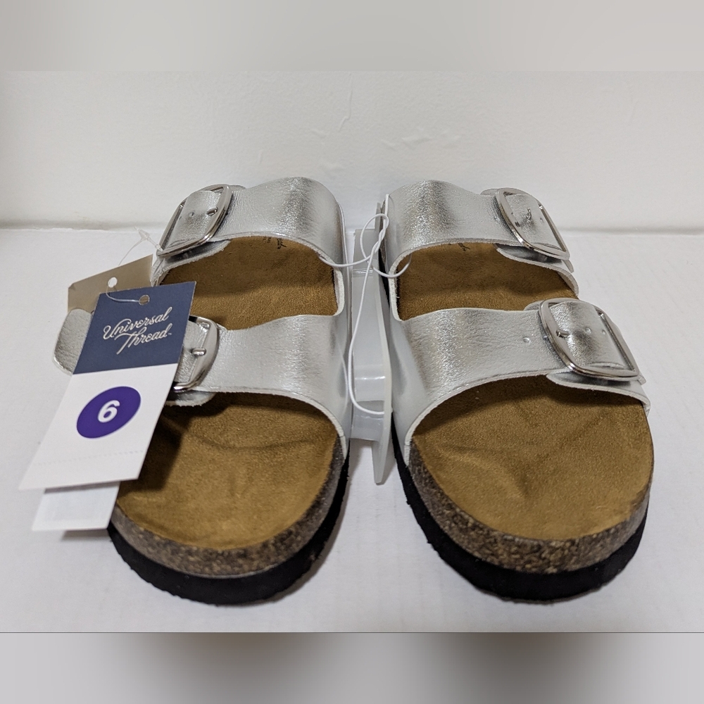 SZ 6 Universal Thread Women's "Devin" Two Strap Cork Footbed Sandals - Silver